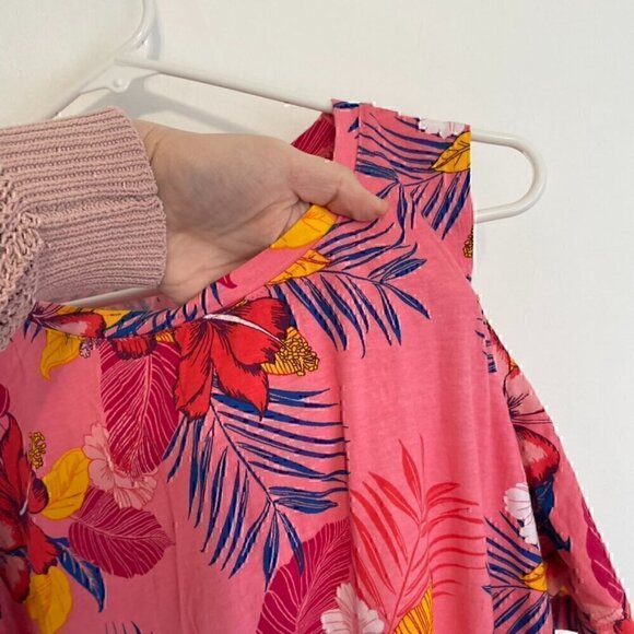 WOMAN WITHIN Plus Size Short Sleeve Cold Shoulder Tee Pink Hawaiian Floral 18 20 - Picture 8 of 15